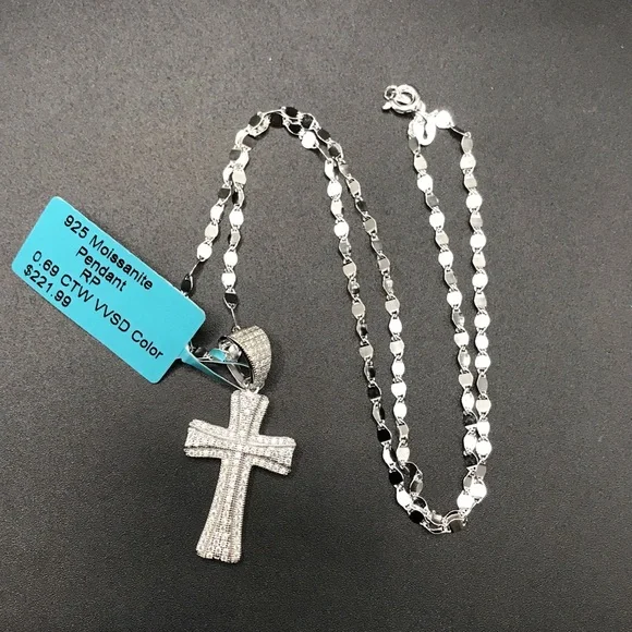 925 Sterling Silver 0.69CT Moissanite Cross Pendant Necklace size 18” - Picture 5 of 13